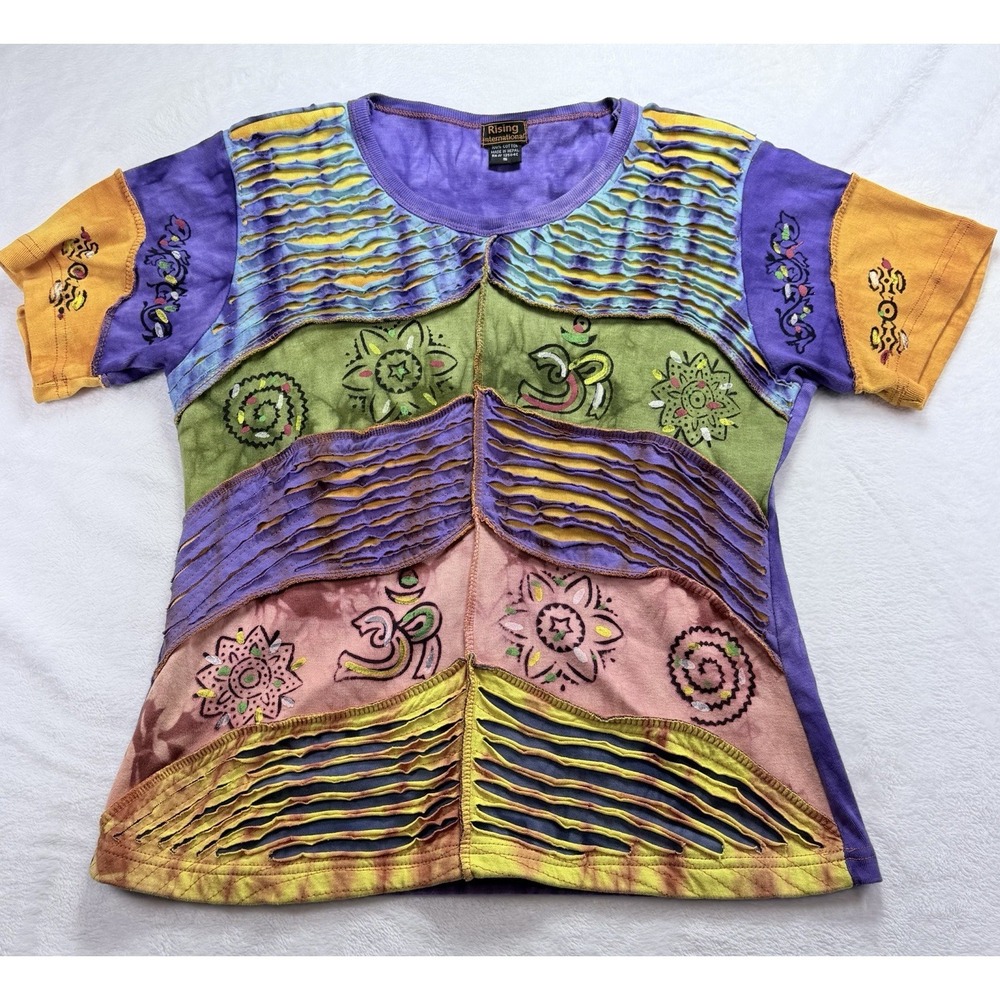 Rising International Patchwork Tee Top M Nepal Cotton Boho Razor Cut Om Hippie